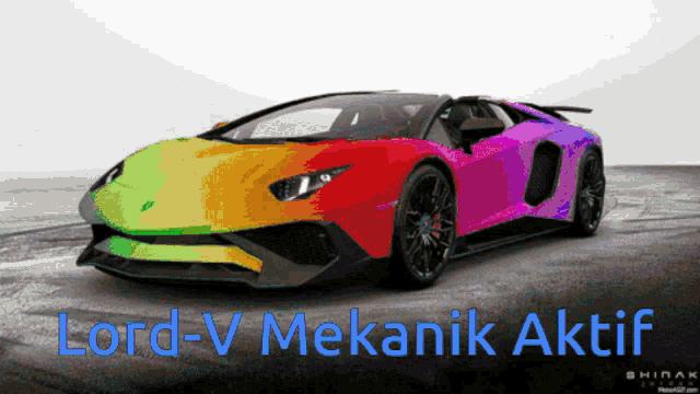 a rainbow colored sports car with the words lord-v mekanik aktif written below it