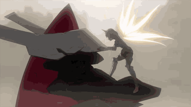 a woman with wings is standing in front of a giant robot