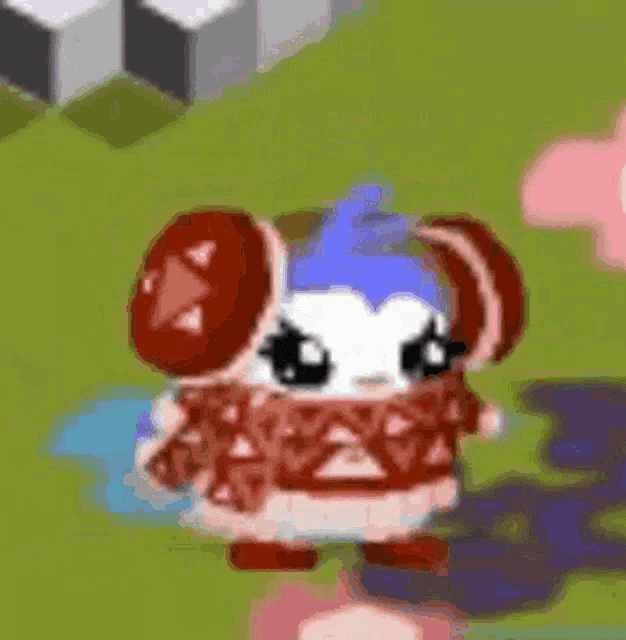 a cartoon hamster wearing a scarf and headphones is standing on a green field .