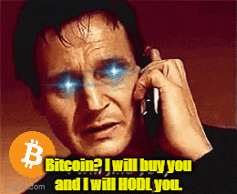 a man with blue eyes is talking on a cell phone with the words bitcoin i will buy you and i will hodl you below him