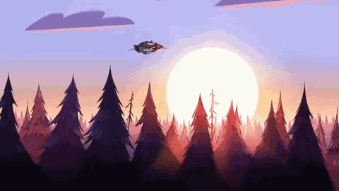 a plane is flying over a forest with a sunset in the background
