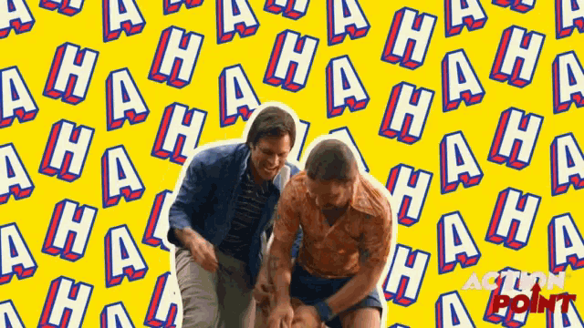 two men are laughing in front of a yellow background with a pattern of the word ahaha