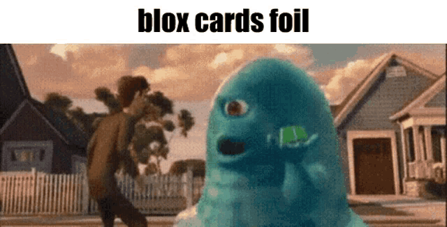 a blox cards foil meme shows a man walking away from a monster