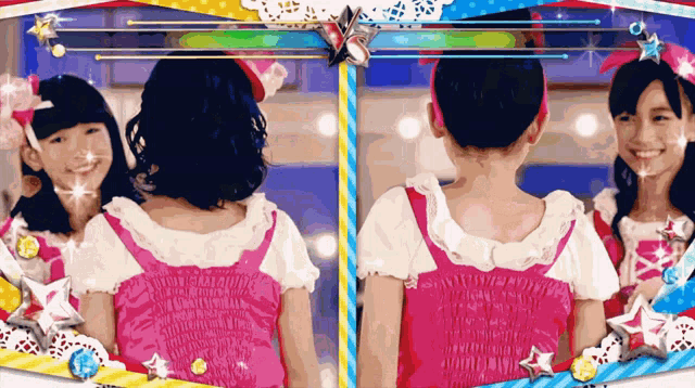 two girls are standing next to each other and smiling for the camera