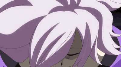 a close up of a person 's face with purple hair and green eyes