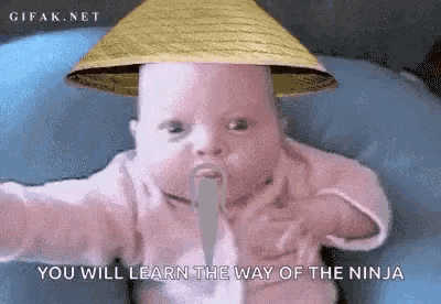 a baby wearing a straw hat and a pacifier with the words " you will learn the way of the ninja "