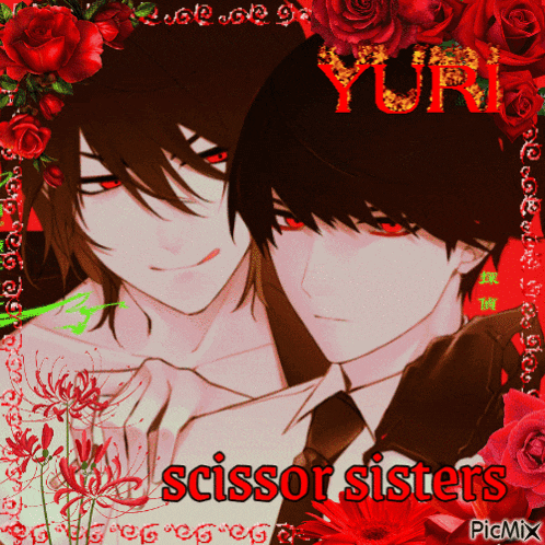 a picture of a couple of anime characters with the words scissor sisters on the bottom