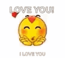 a yellow smiley face with red hearts on its head and the words `` love you '' .