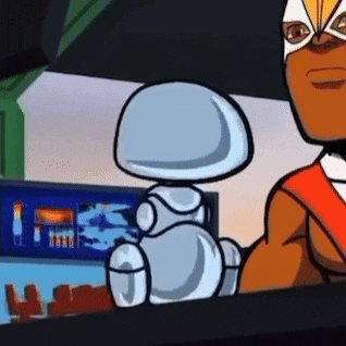 a cartoon character with a mask and a robot on his back