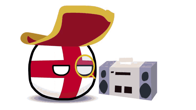 a cartoon england ball with a magnifying glass and a boombox next to it