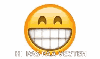 a smiley face with a big smile and white teeth and the words `` hi pas paa vegten '' below it .