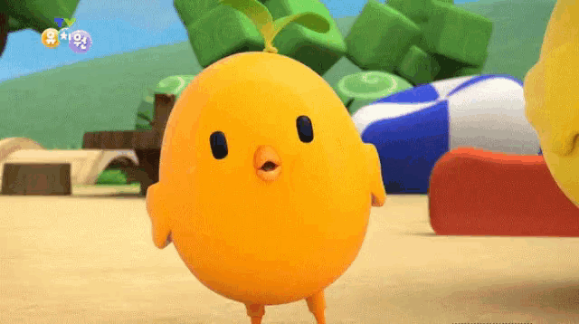 a cartoon chicken with a plant on its head is standing on a beach