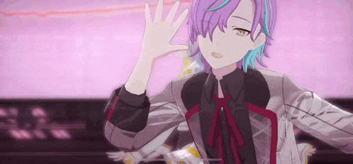 a girl with purple hair and blue streaks is waving her hand in the air .