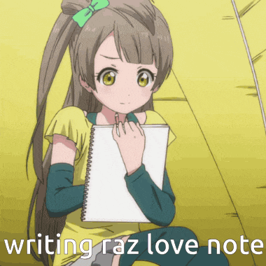 a girl is holding a notebook and the words writing raz love note are below her