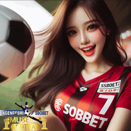 a woman wearing a red and black shirt with the number 7 on it stands next to a soccer ball