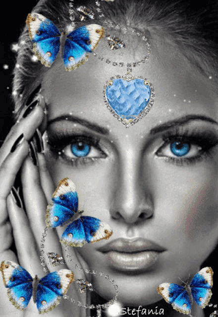 a woman 's face is surrounded by blue butterflies and a heart necklace