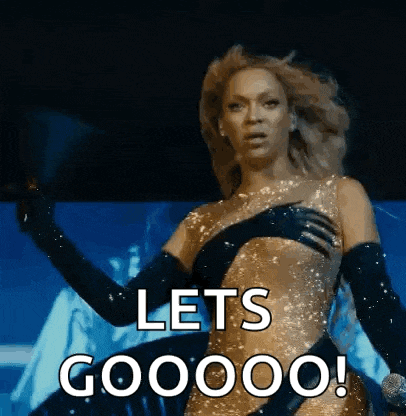 a woman in a gold dress and black gloves is holding her chest and saying `` lets gooooo ! ''