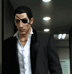 a man wearing a black suit and a white shirt has an eye patch on his eye