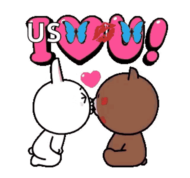 a rabbit and a bear are kissing in front of a heart with the words `` us love you '' .