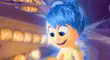 a cartoon character with blue hair is smiling while standing in front of a shelf of bread rolls .