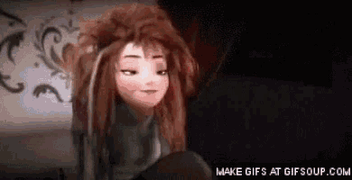 a cartoon girl with a messy hairdo is sitting on a bed .