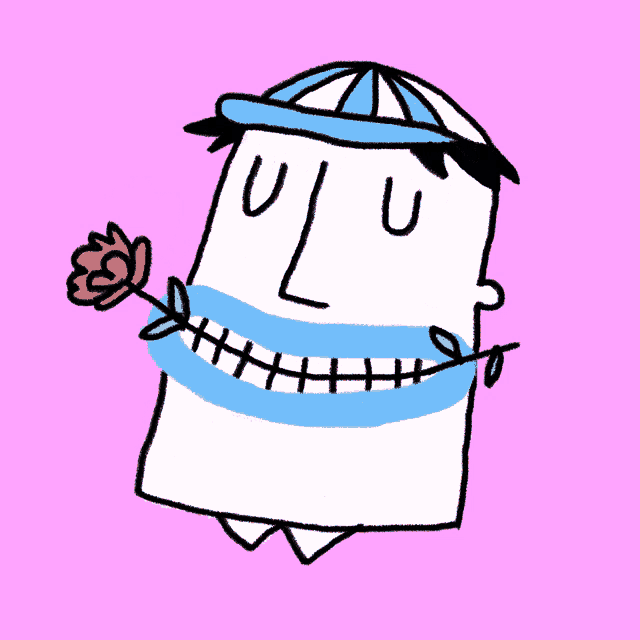 a cartoon drawing of a person with a rose in their mouth