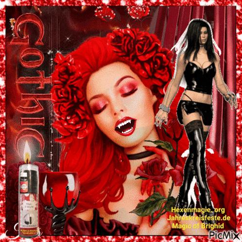 a woman with red hair and vampire teeth is surrounded by red roses and candles