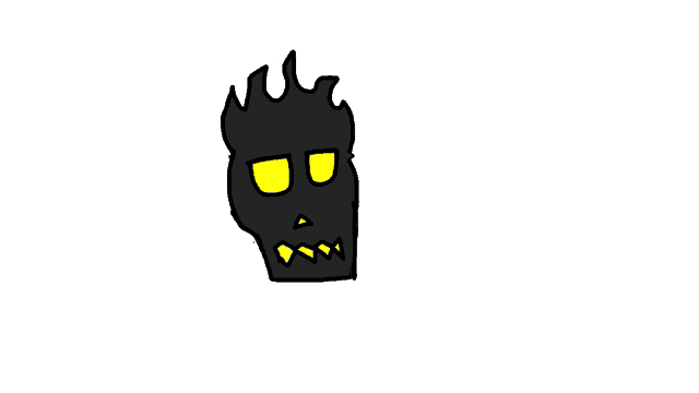 a drawing of a skull with yellow eyes and teeth on a white background