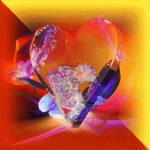 a heart with flowers inside of it on a yellow and orange background