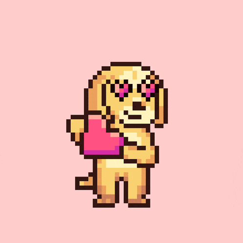 a pixel art dog is holding a pink heart