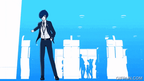 a gif from gifrun.com shows a man in a suit standing in front of a city