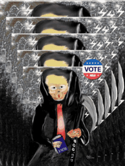 a cartoon of a grim reaper holding a book and a vote sticker