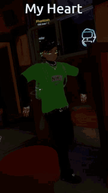 a man in a green shirt is standing in front of a window that says phantom on it