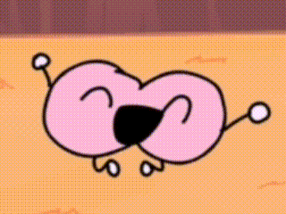a pink cartoon character is laying on the ground with its mouth open and arms outstretched .