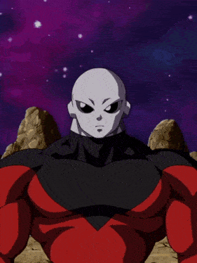 a cartoon character in a red and black outfit with a purple sky behind him