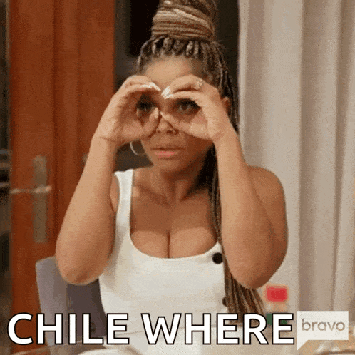 a woman in a white tank top is looking through binoculars with the words chile where bravo below her