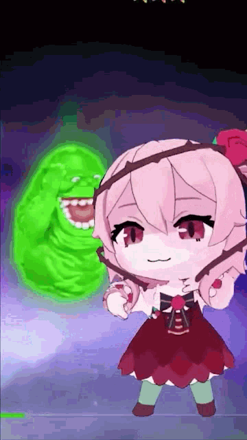 a little girl in a red dress is standing next to a green monster