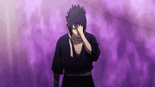 sasuke uchiha from naruto is standing in front of a purple background covering his face with his hand .