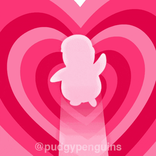 a pink penguin is surrounded by pink hearts and the words puggypenguins on the bottom
