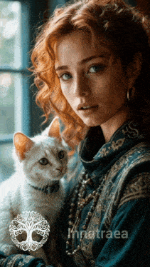 a woman with red hair is holding a white cat with a tree of life logo in the background