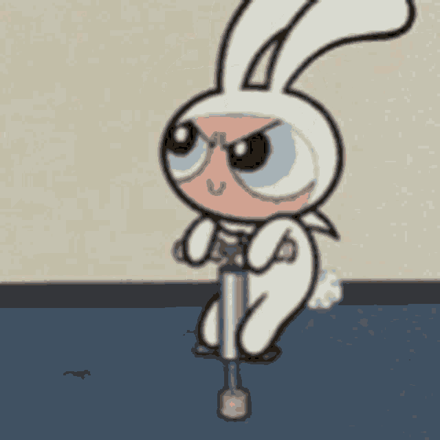 a cartoon character wearing a bunny costume jumping on a pogo stick