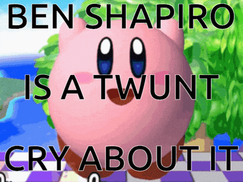 a picture of a pink cartoon character with the caption ben shapiro is a twunt cry about it
