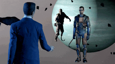 a man in a suit stands in front of a giant planet