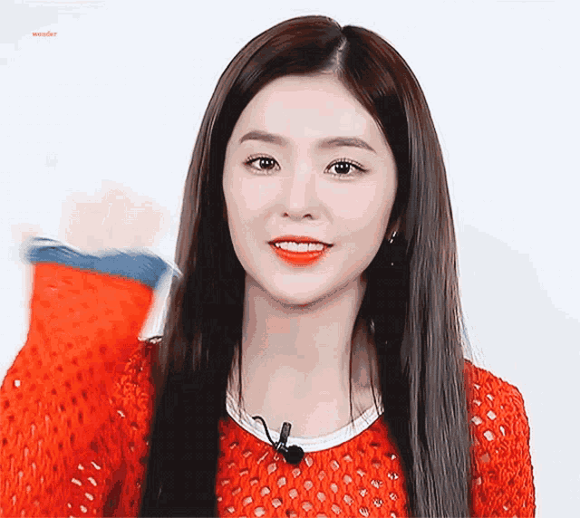 a woman wearing a red sweater with the word wonder on the bottom left