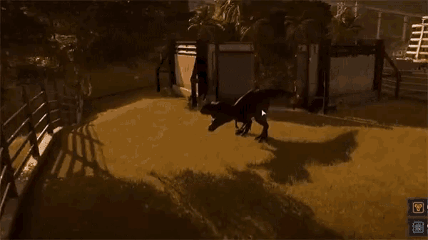 a t-rex in a video game is standing in the grass