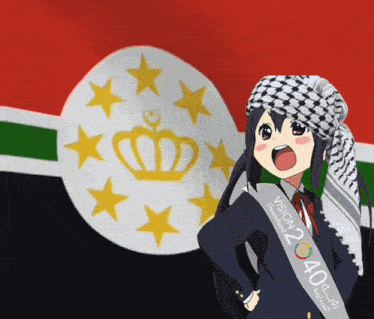 a girl wearing a sash that says vision 2 40 stands in front of a flag
