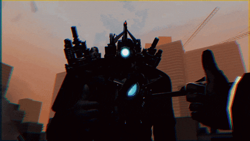 a silhouette of a robot giving a thumbs up in front of a city