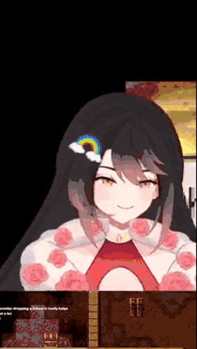 a girl with long black hair and a rainbow in her hair is smiling