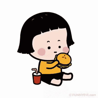 a cartoon girl is sitting on the floor eating a hamburger .