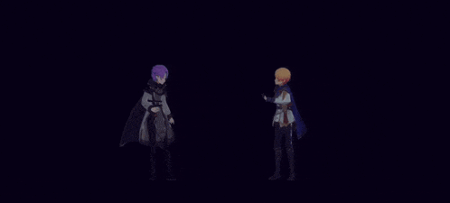 a couple of anime characters standing next to each other in a dark room